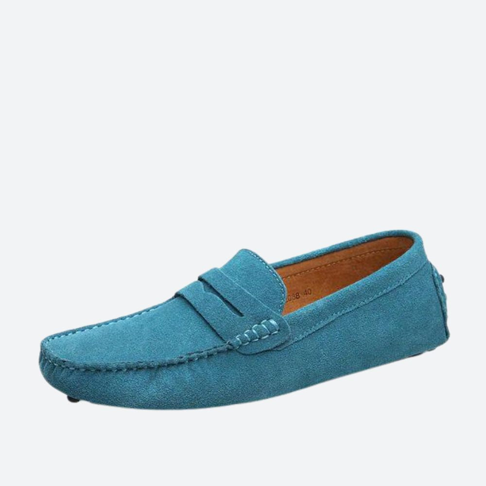 Men's moc toe loafers with penny strap and stitched apron detail