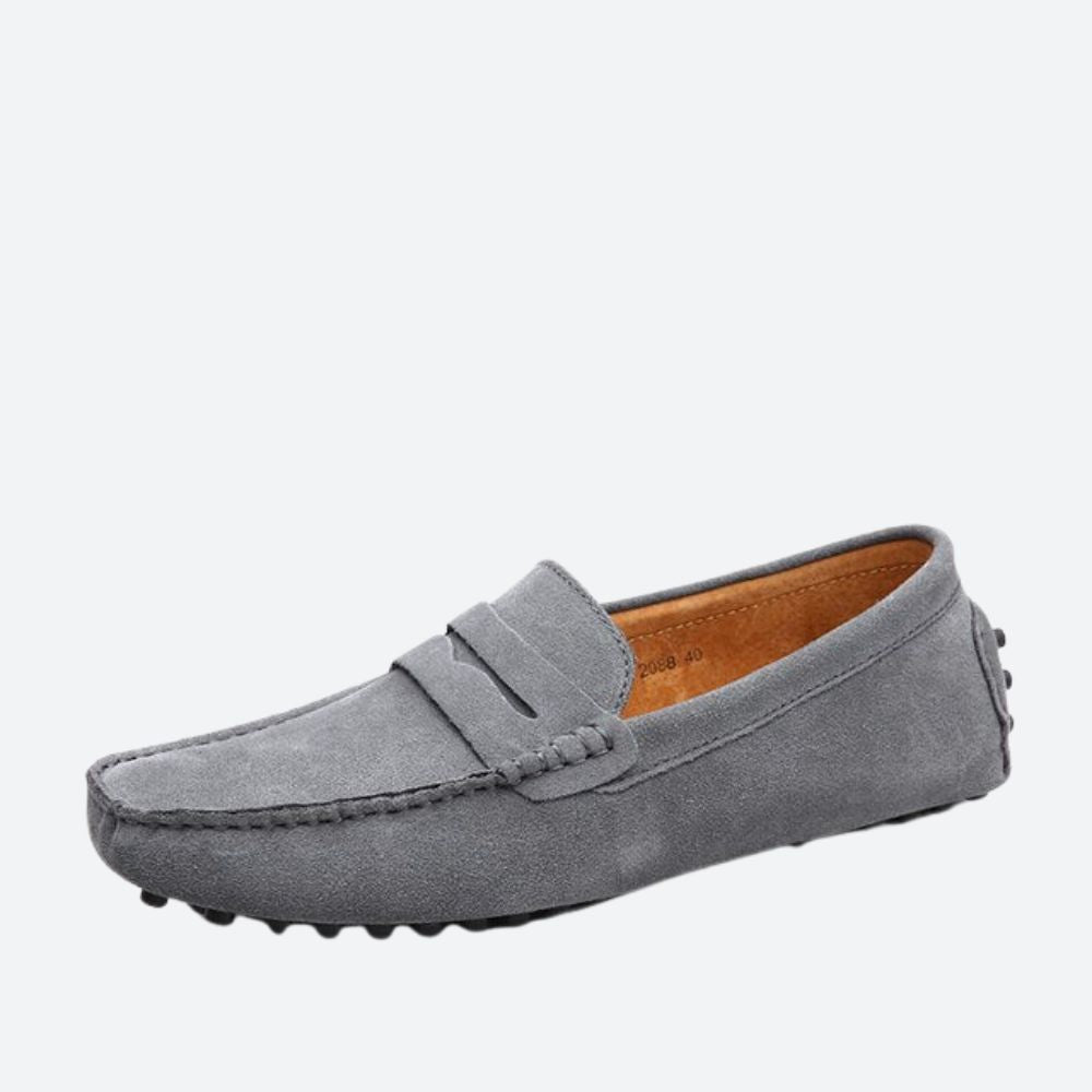 Men's moc toe loafers with penny strap and stitched apron detail