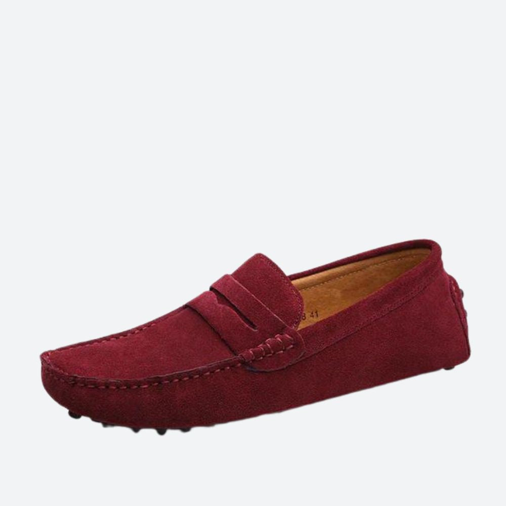 Men's moc toe loafers with penny strap and stitched apron detail