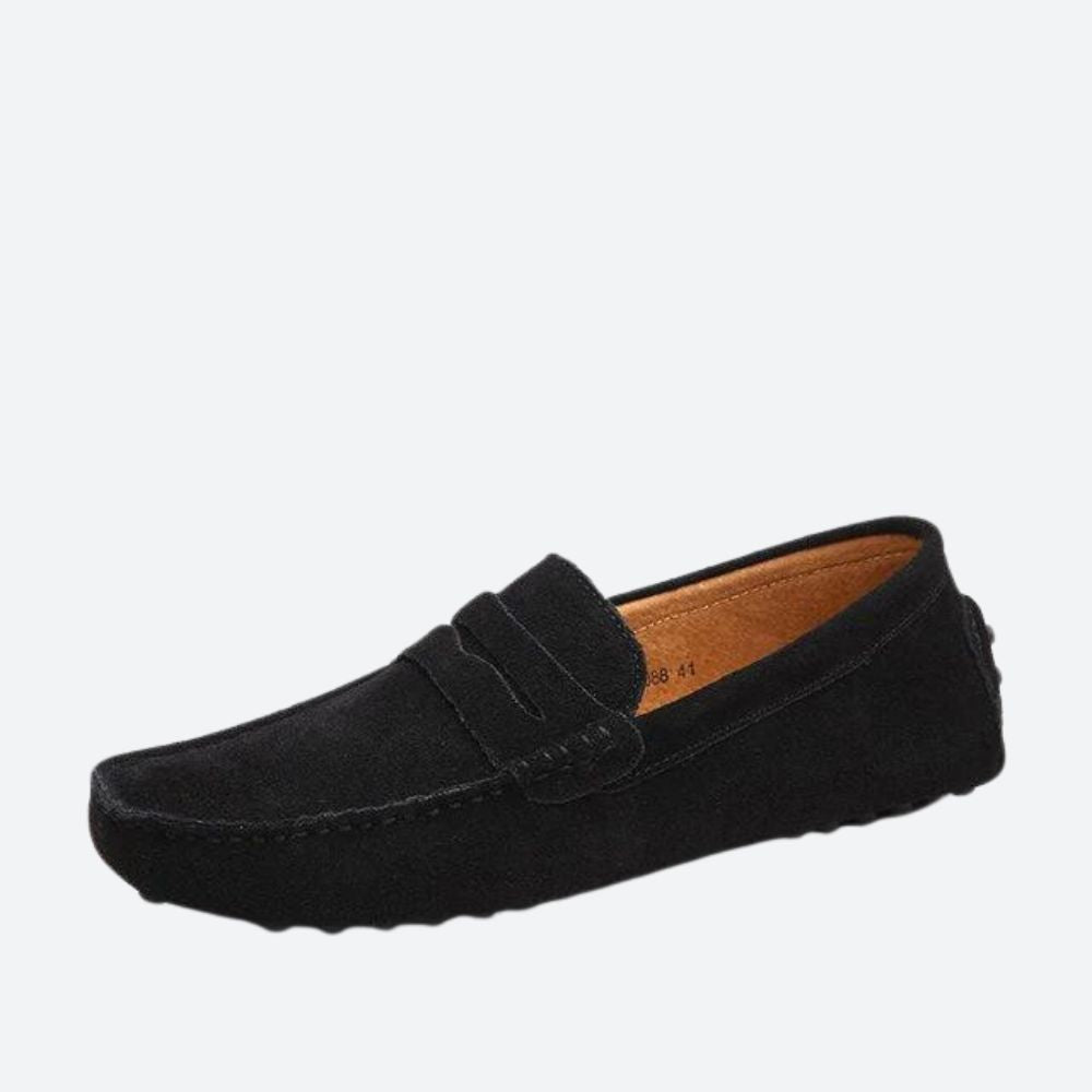 Men's moc toe loafers with penny strap and stitched apron detail