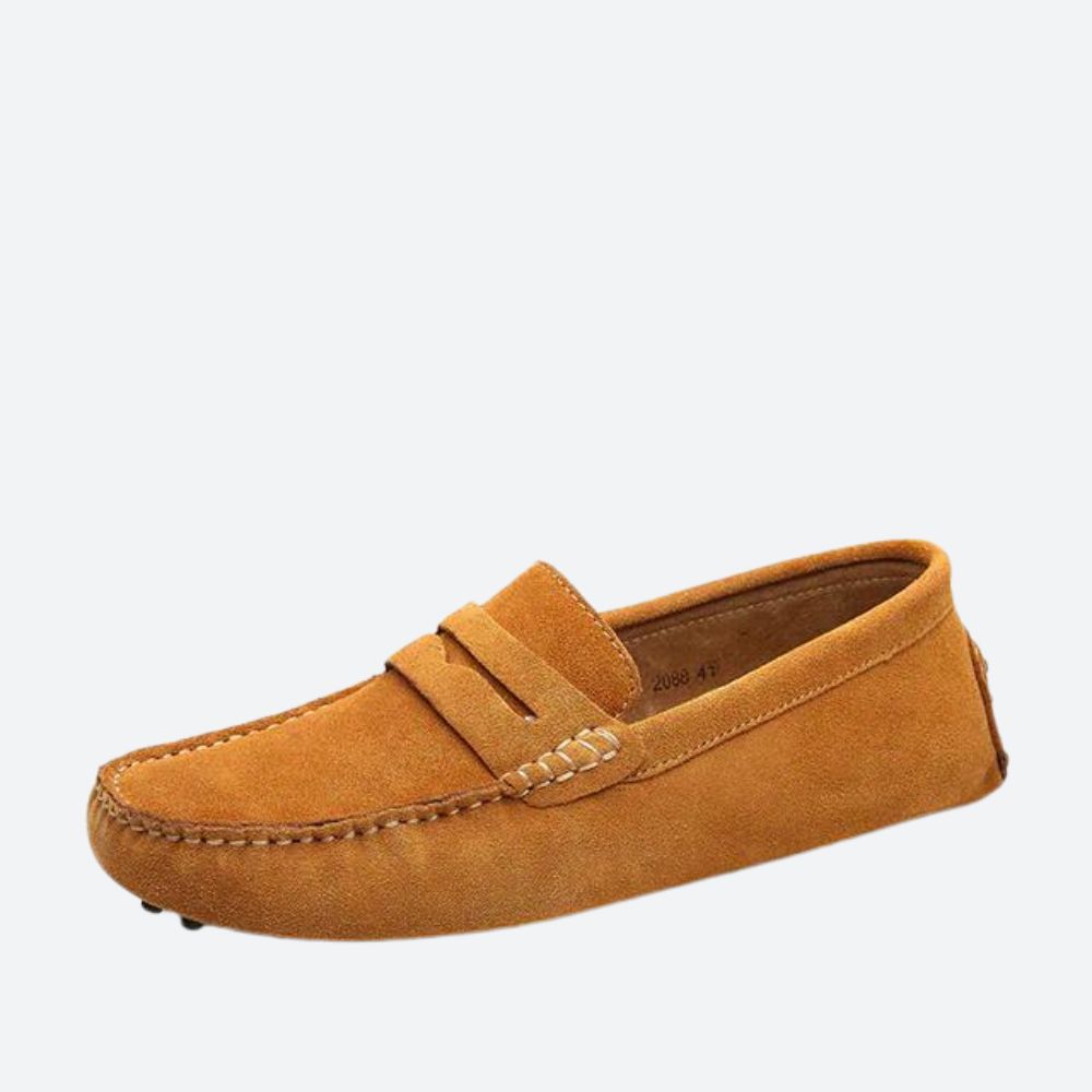 Men's moc toe loafers with penny strap and stitched apron detail