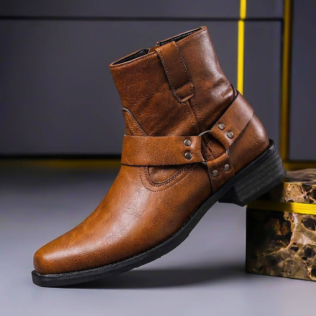 Men's square toe ankle boots with wraparound buckle straps and low block heel