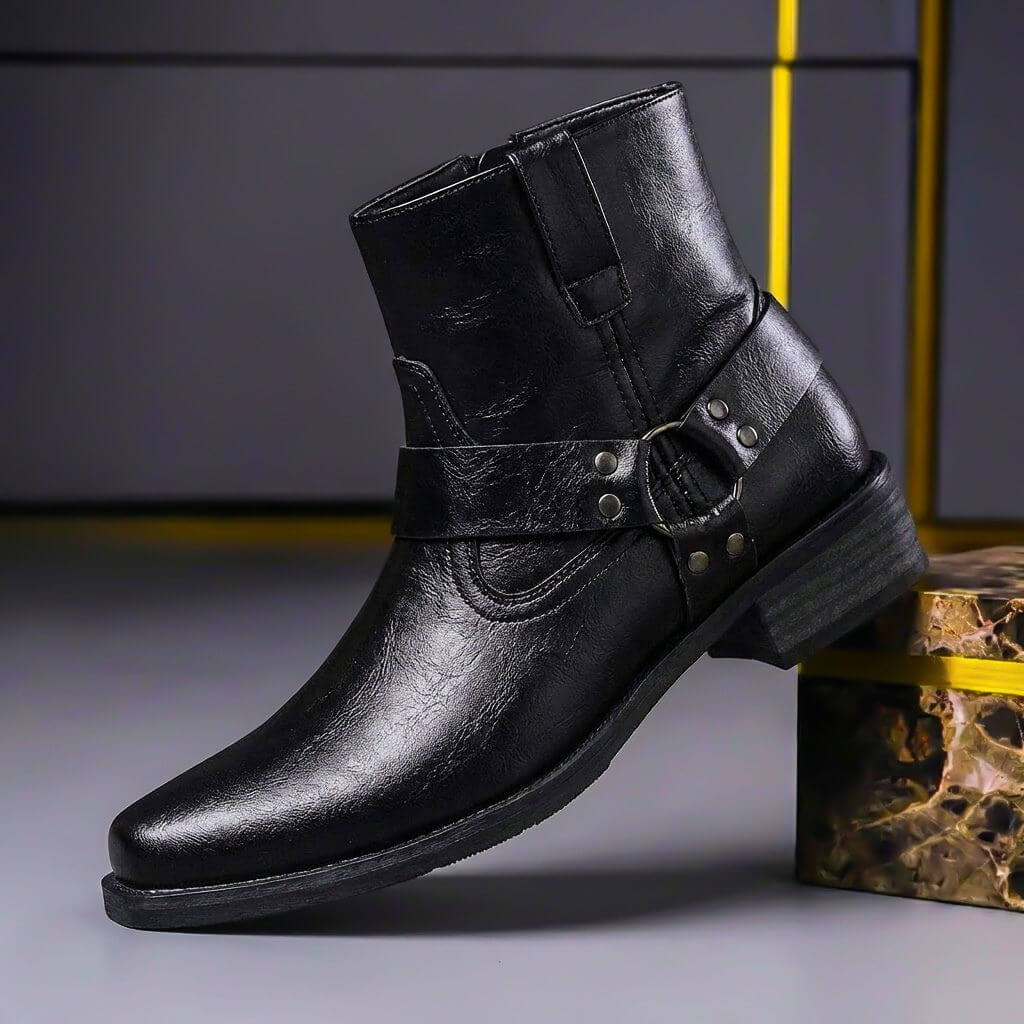 Men's square toe ankle boots with wraparound buckle straps and low block heel