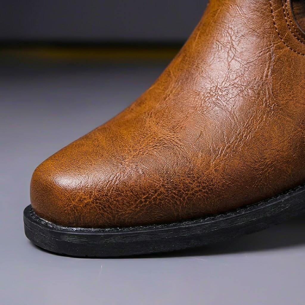 Men's square toe ankle boots with wraparound buckle straps and low block heel