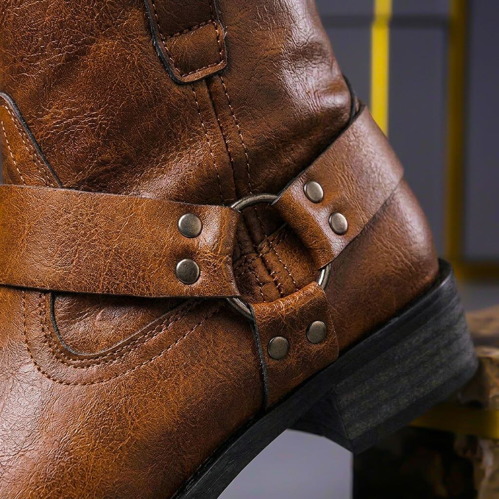 Men's square toe ankle boots with wraparound buckle straps and low block heel
