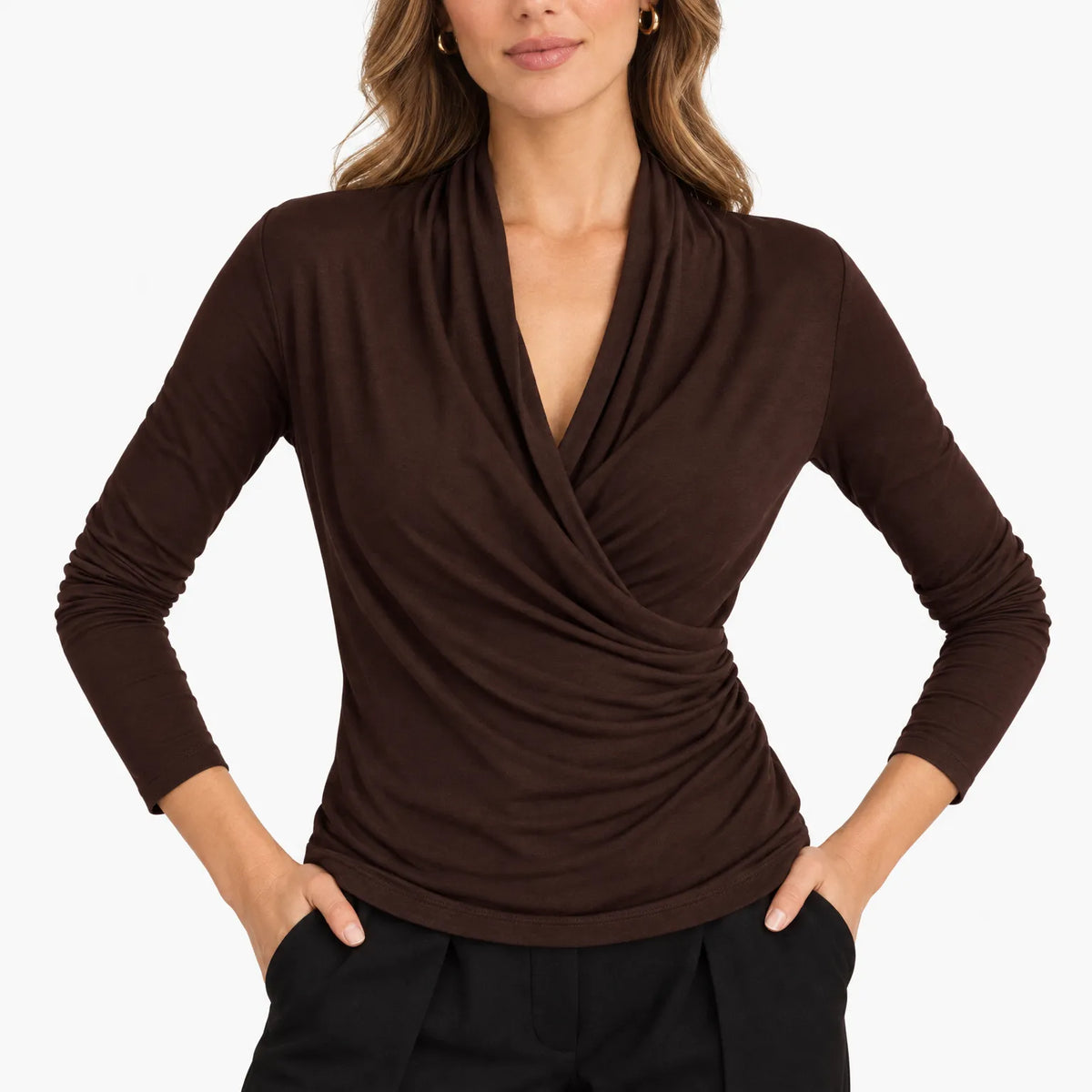 Avelora - Long Sleeve Draped Wrap Top