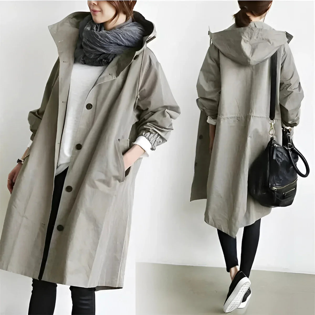 Women's long hooded trench coat with button front and gathered cuffs