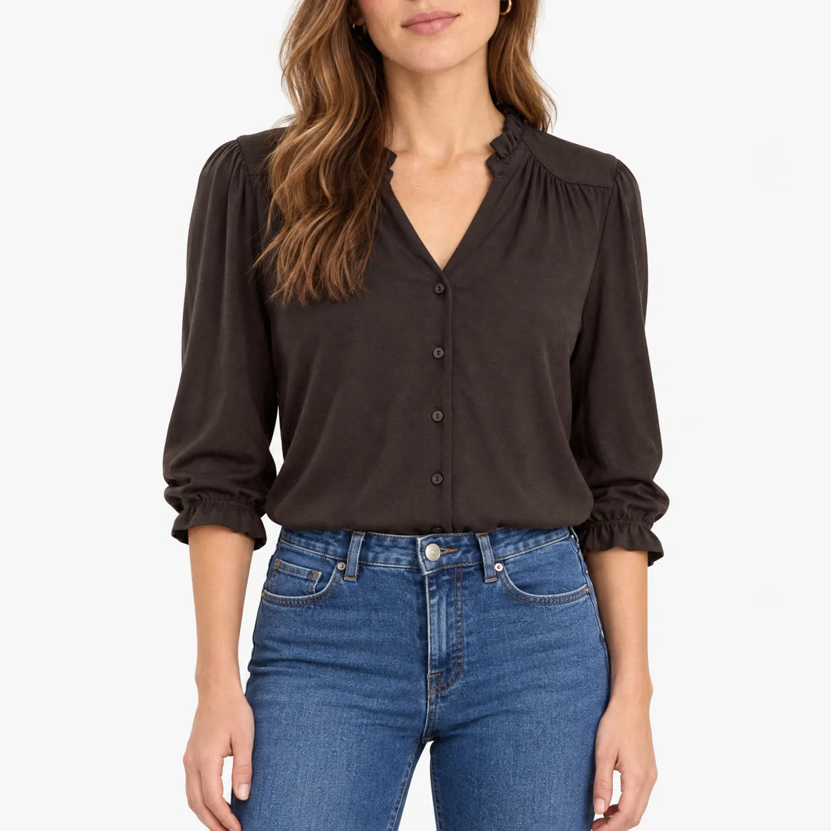 Avenelle - Ruffle Collar Button Front Blouse