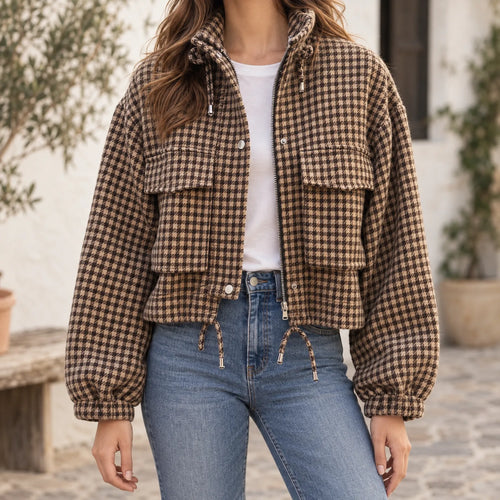 Avenley - Cropped Houndstooth Zip Front Casual Jacket