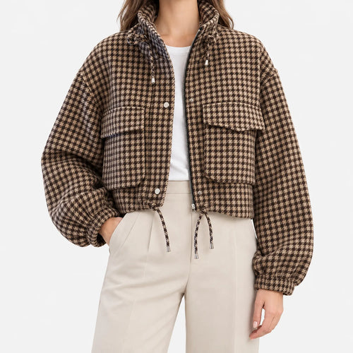 Avenley - Cropped Houndstooth Zip Front Casual Jacket