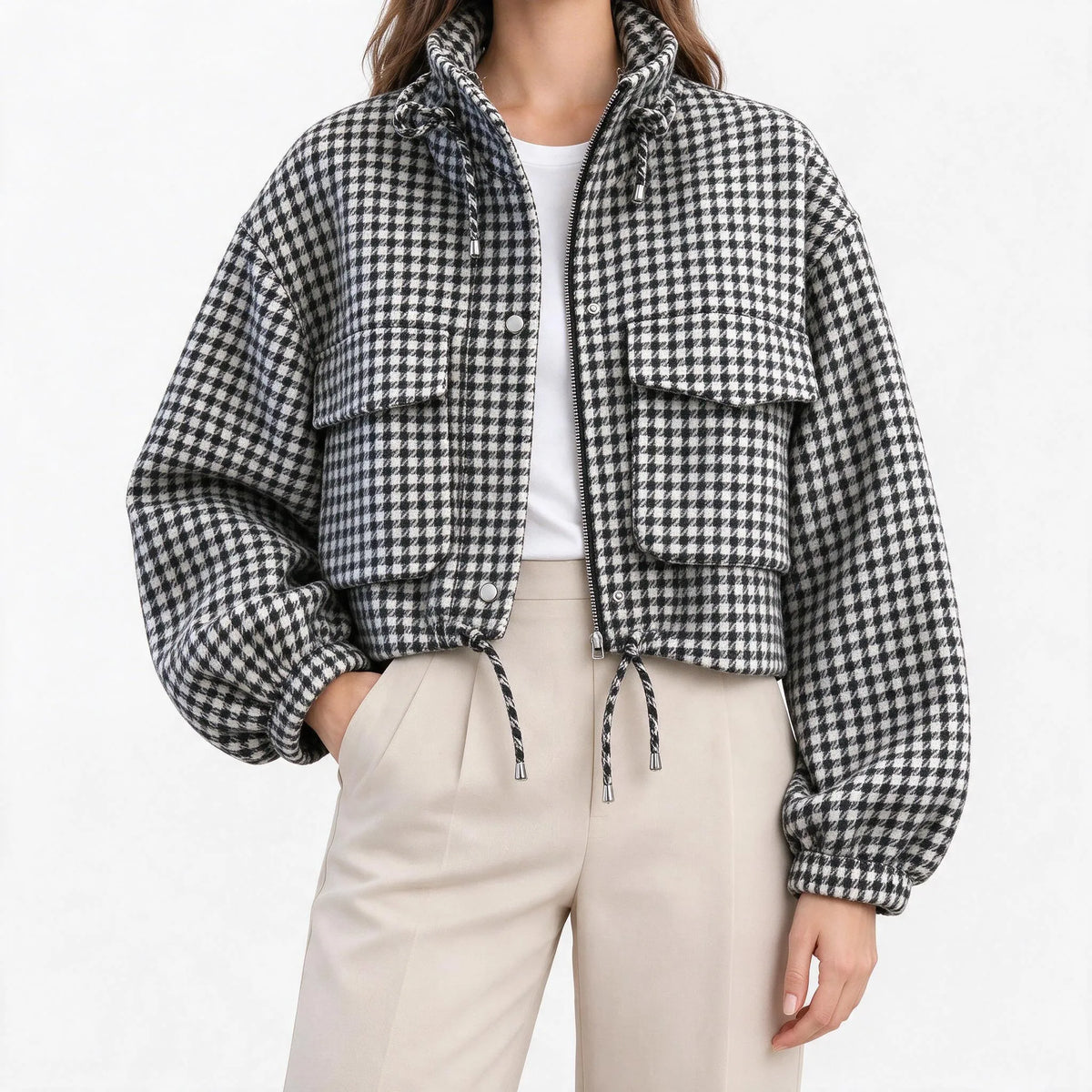 Avenley - Cropped Houndstooth Zip Front Casual Jacket