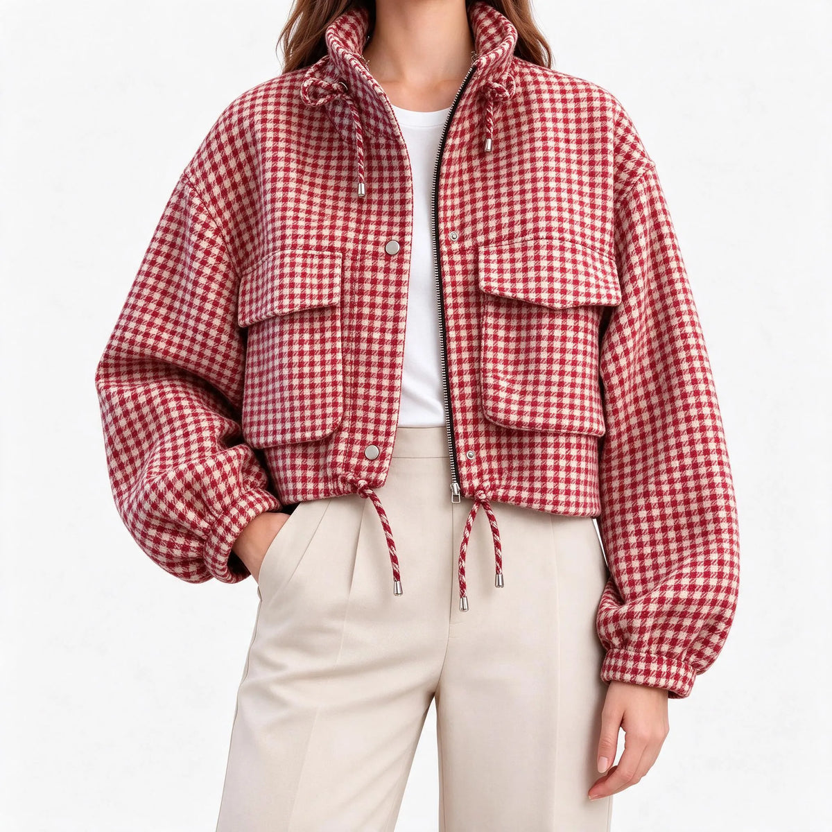 Avenley - Cropped Houndstooth Zip Front Casual Jacket