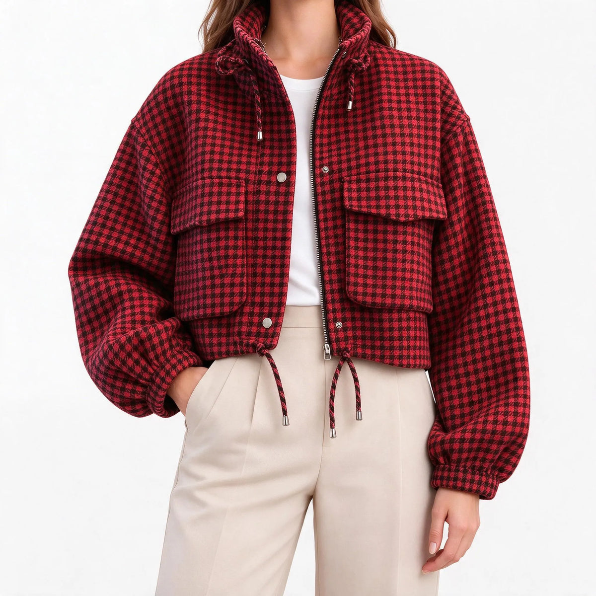 Avenley - Cropped Houndstooth Zip Front Casual Jacket