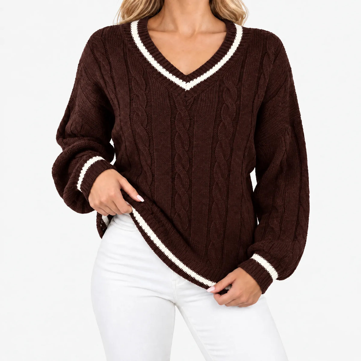 Callyn - Women's V-Neck Cable Knit Jumper