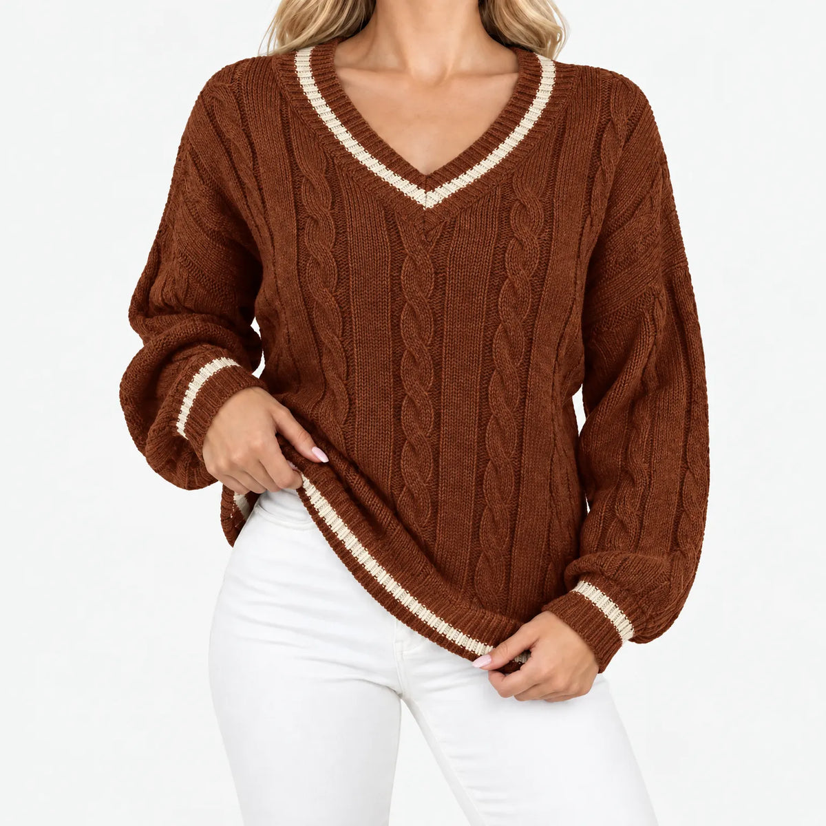 Callyn - Women's V-Neck Cable Knit Jumper