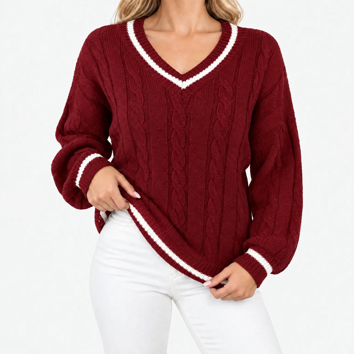 Callyn - Women's V-Neck Cable Knit Jumper