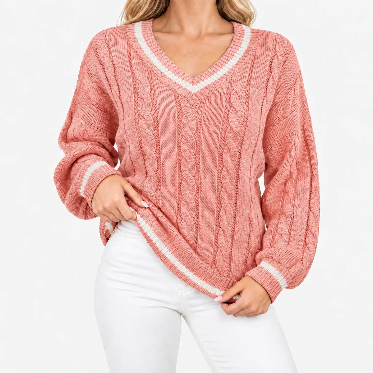 Callyn - Women's V-Neck Cable Knit Jumper
