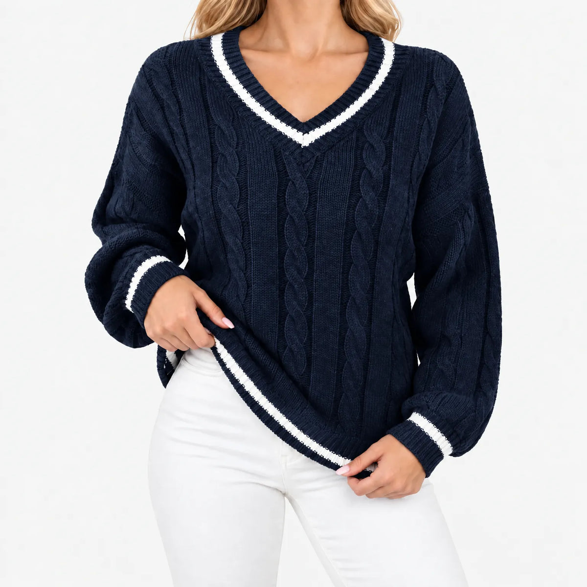 Callyn - Women's V-Neck Cable Knit Jumper