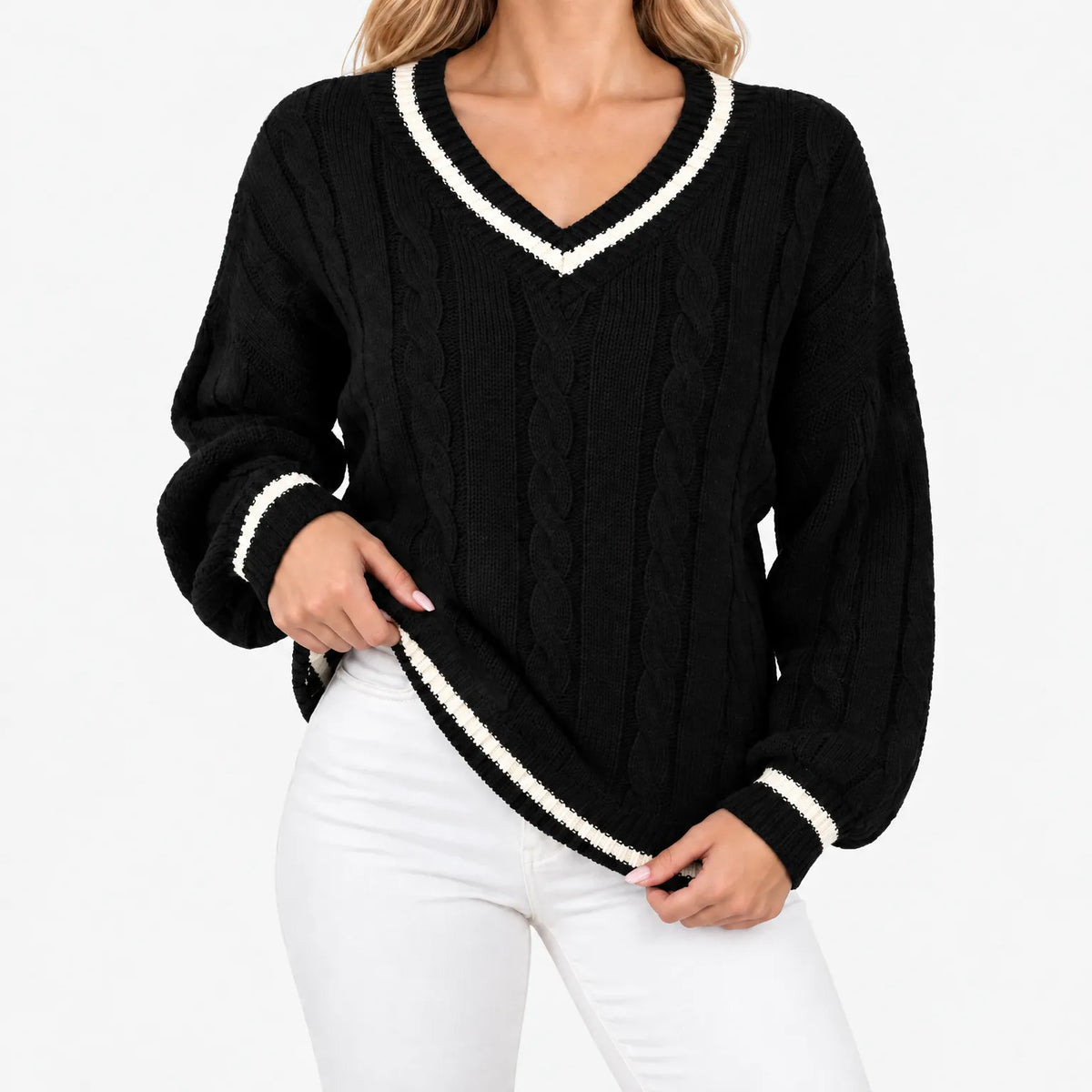 Callyn - Women's V-Neck Cable Knit Jumper