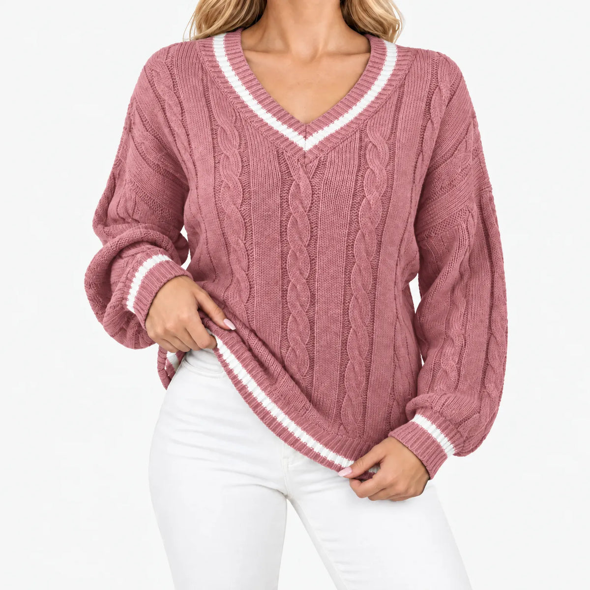 Callyn - Women's V-Neck Cable Knit Jumper