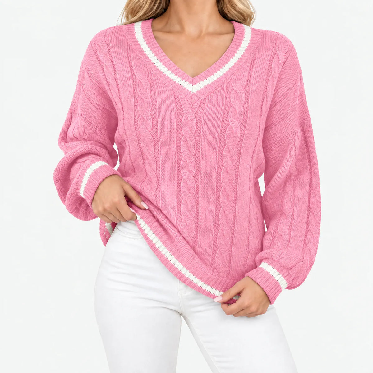 Callyn - Women's V-Neck Cable Knit Jumper