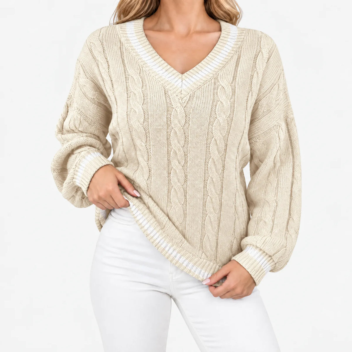 Callyn - Women's V-Neck Cable Knit Jumper