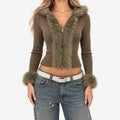 Cestina - Hooded Ribbed Knit Cardigan With Faux Fur