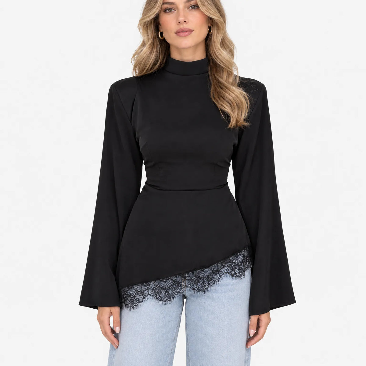 Clythea - Flare Sleeve Stand Collar Blouse