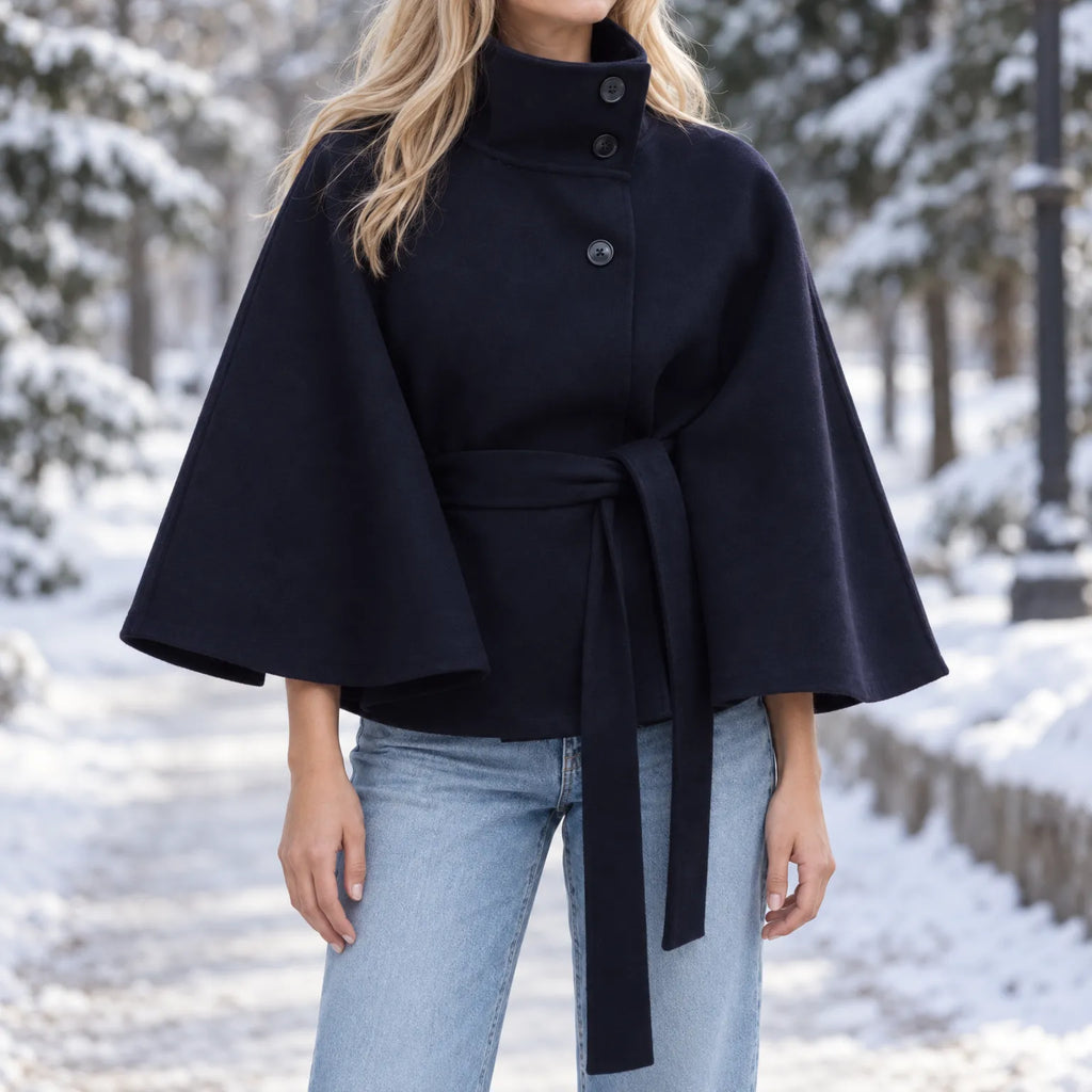 Corvina - Belted Cape Coat Stand Collar