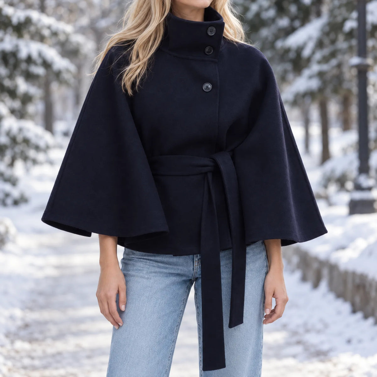 Corvina - Belted Cape Coat Stand Collar