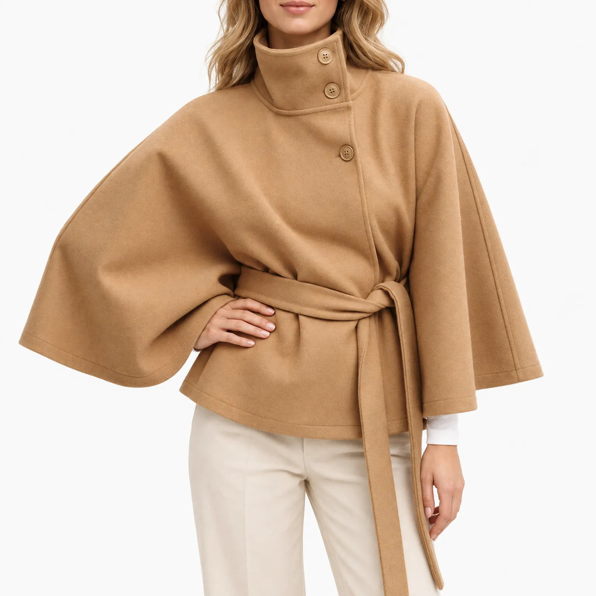Corvina - Belted Cape Coat Stand Collar
