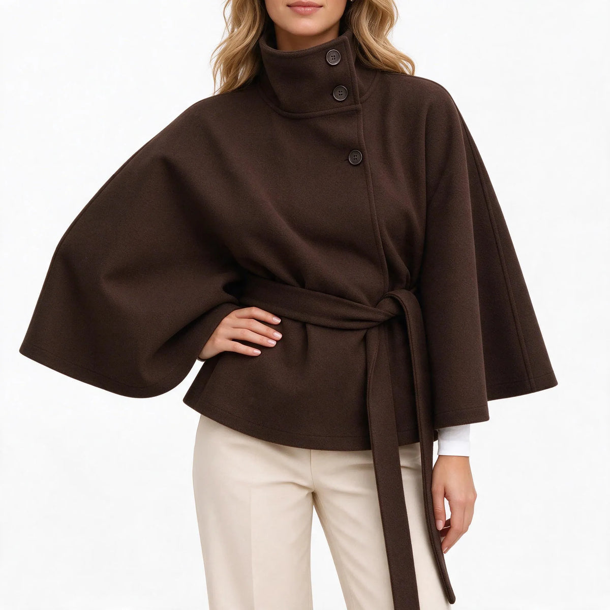 Corvina - Belted Cape Coat Stand Collar