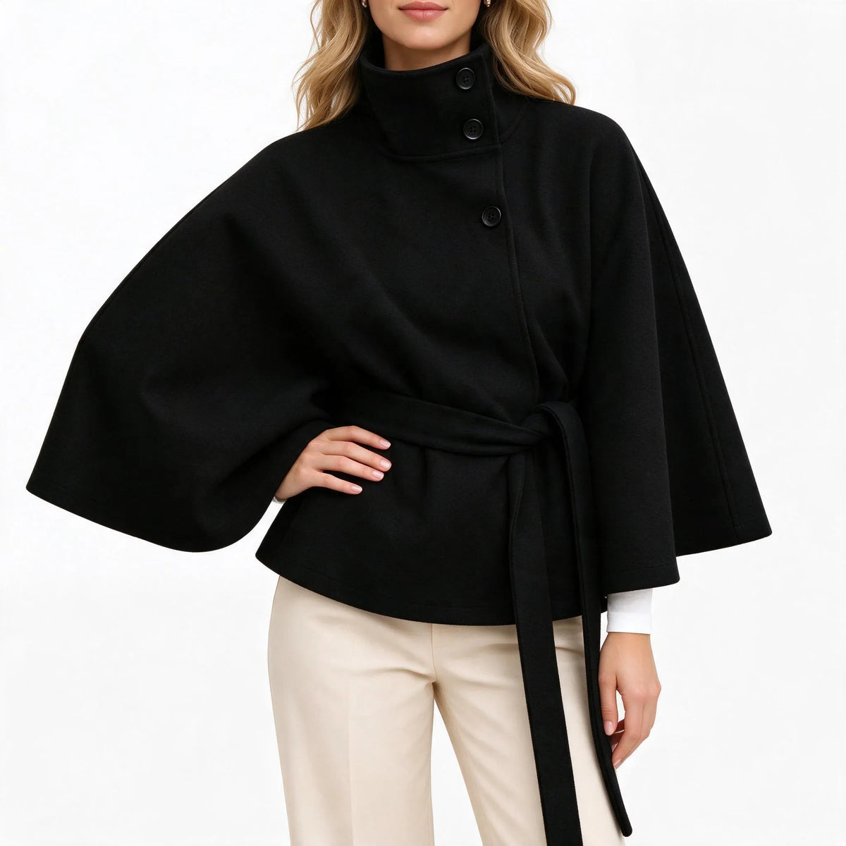 Corvina - Belted Cape Coat Stand Collar
