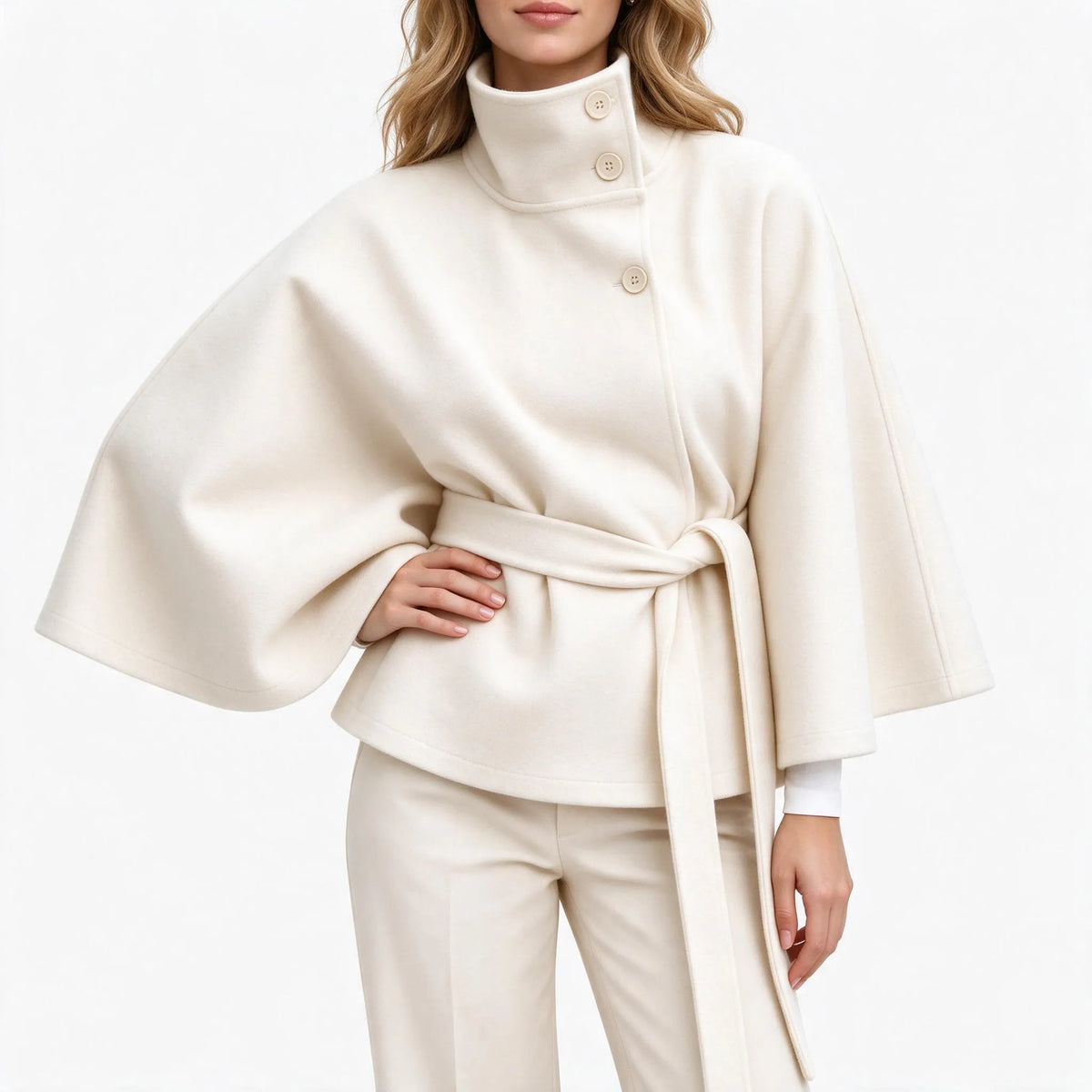 Corvina - Belted Cape Coat Stand Collar