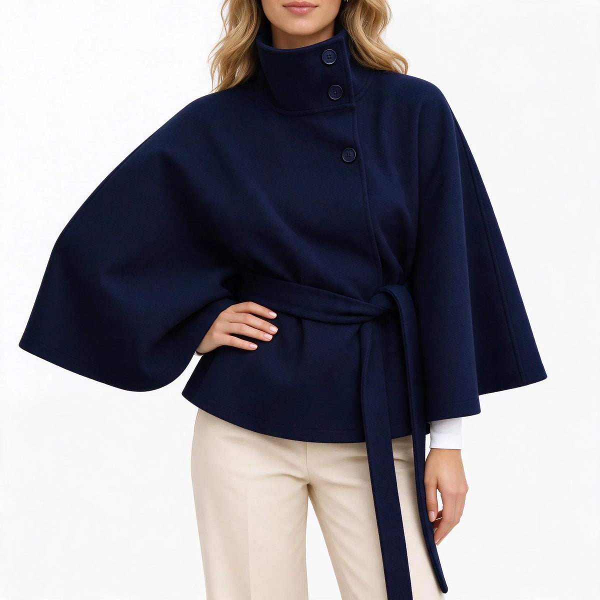 Corvina - Belted Cape Coat Stand Collar