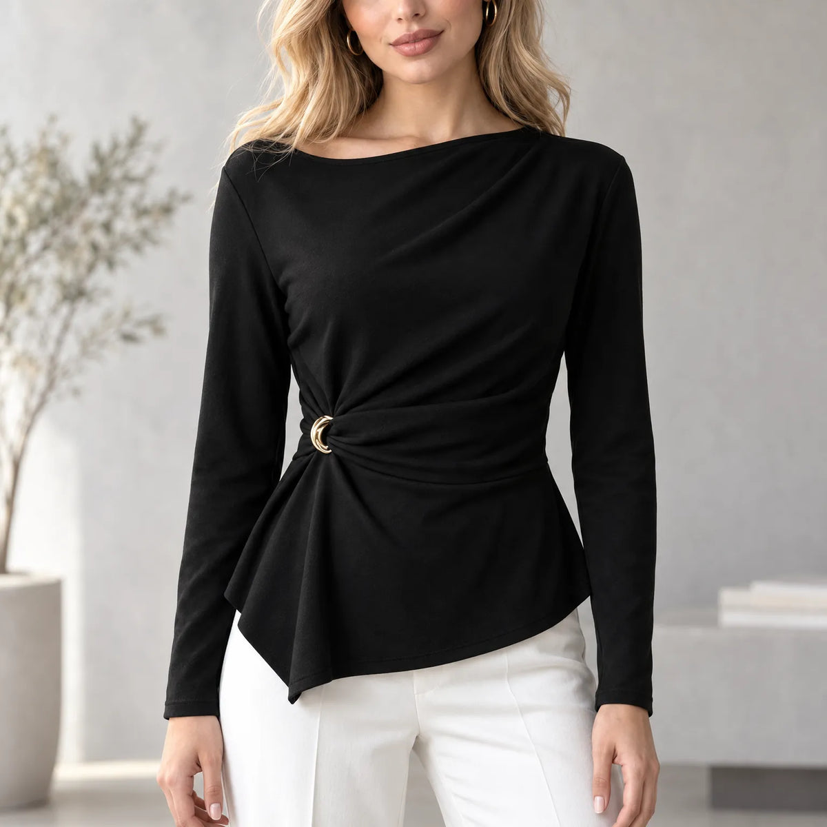 Cymira - Asymmetrical Long Sleeve Fitted Top