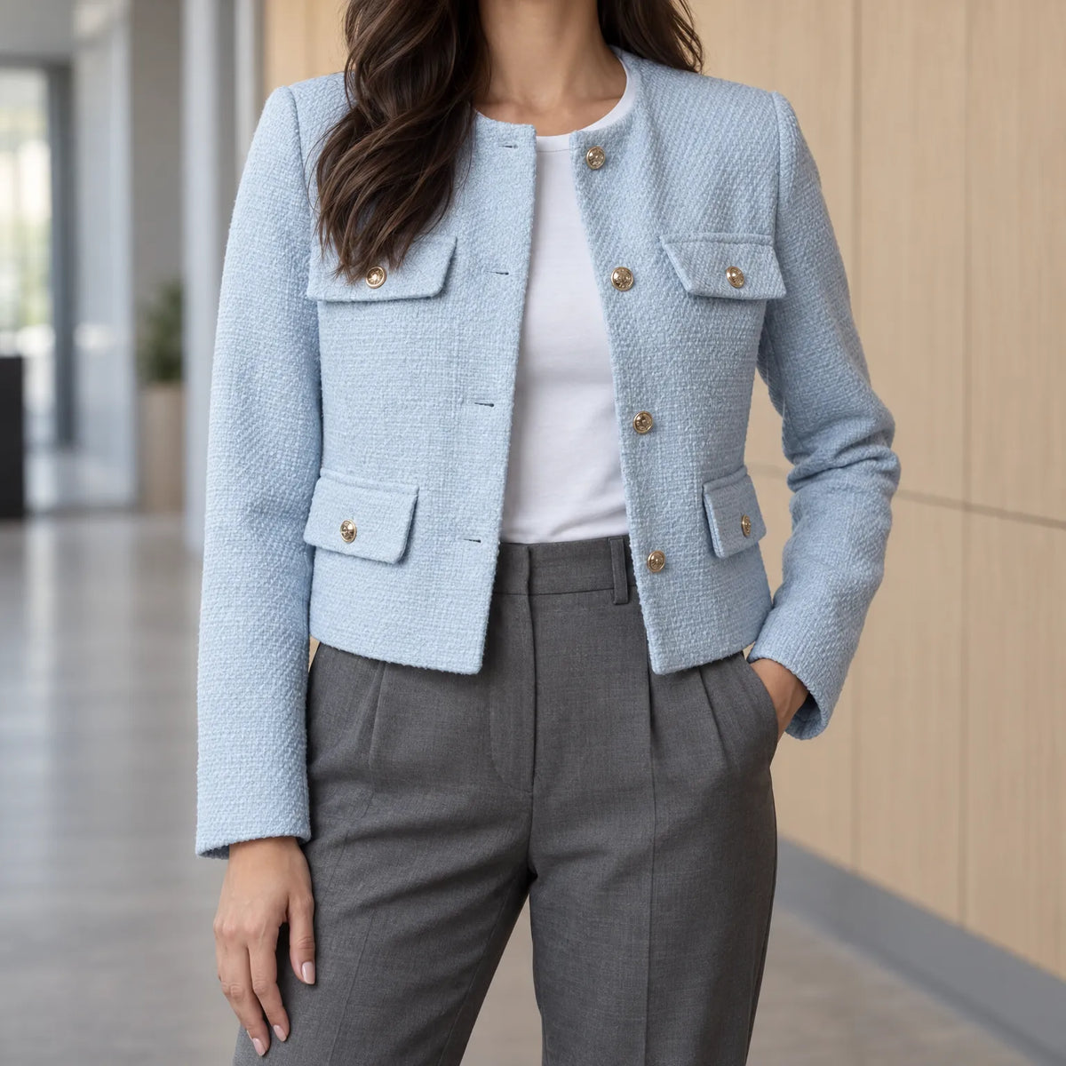 Kestrow - Cropped Collarless Buttoned Blazer Jacket