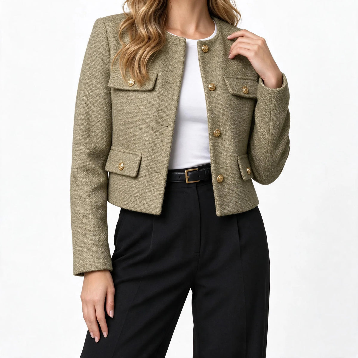 Kestrow - Cropped Collarless Buttoned Blazer Jacket