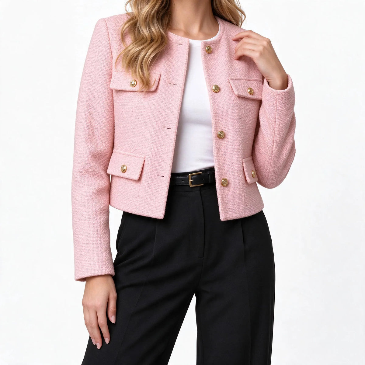 Kestrow - Cropped Collarless Buttoned Blazer Jacket