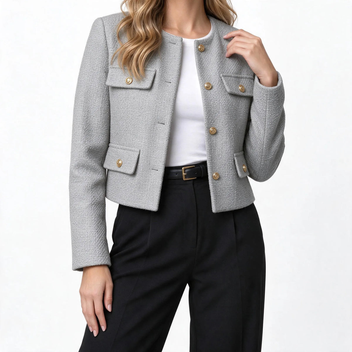 Kestrow - Cropped Collarless Buttoned Blazer Jacket