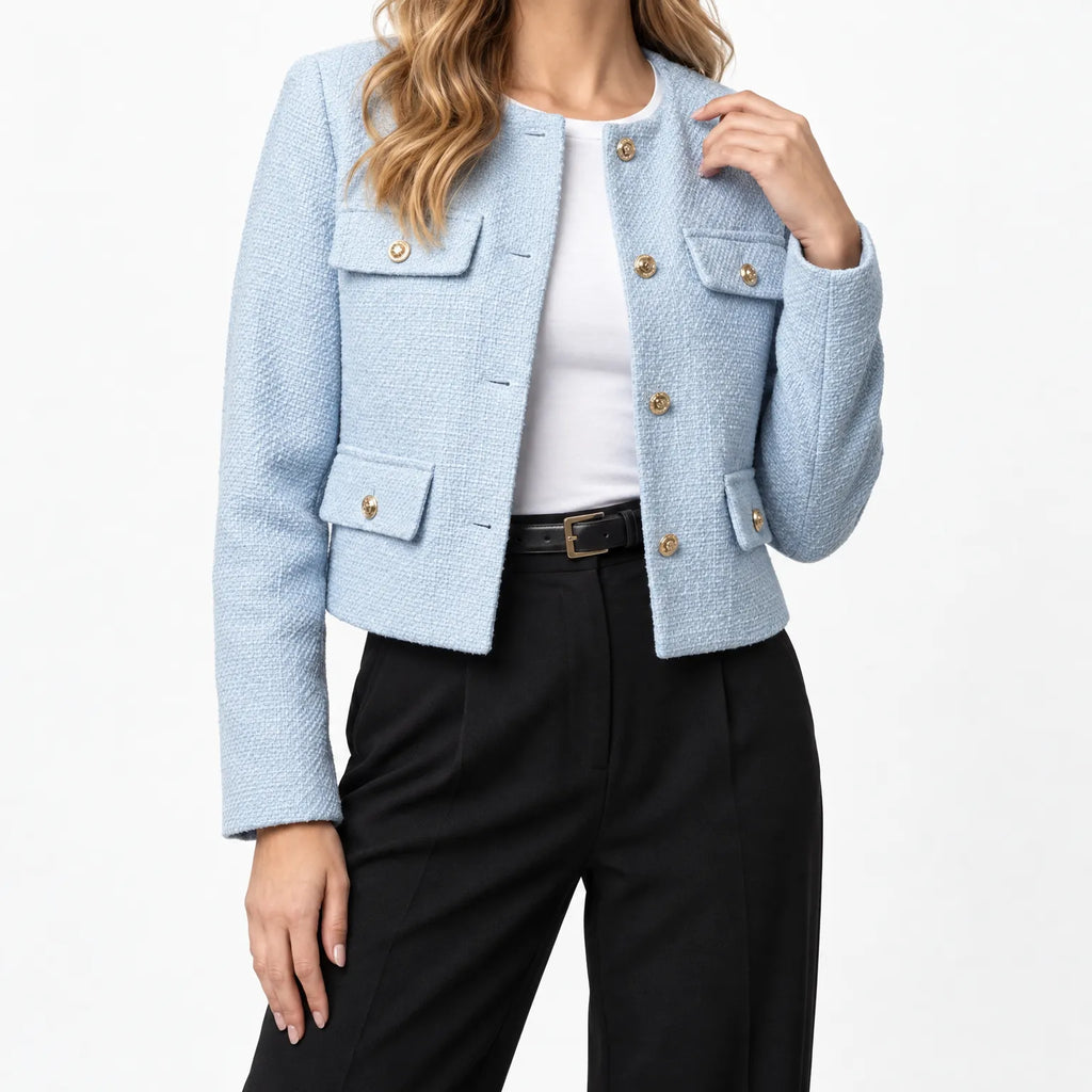 Kestrow - Cropped Collarless Buttoned Blazer Jacket