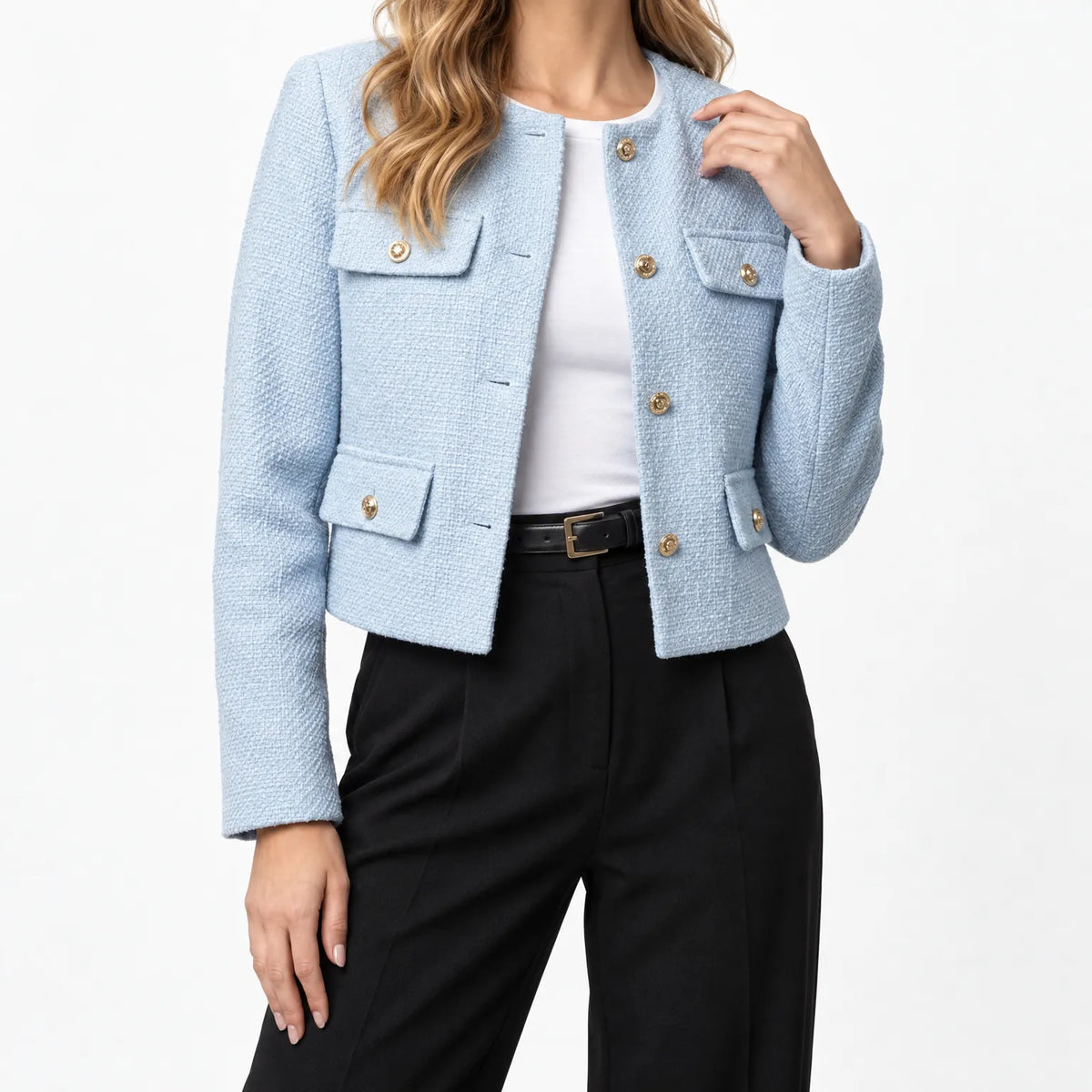 Kestrow - Cropped Collarless Buttoned Blazer Jacket