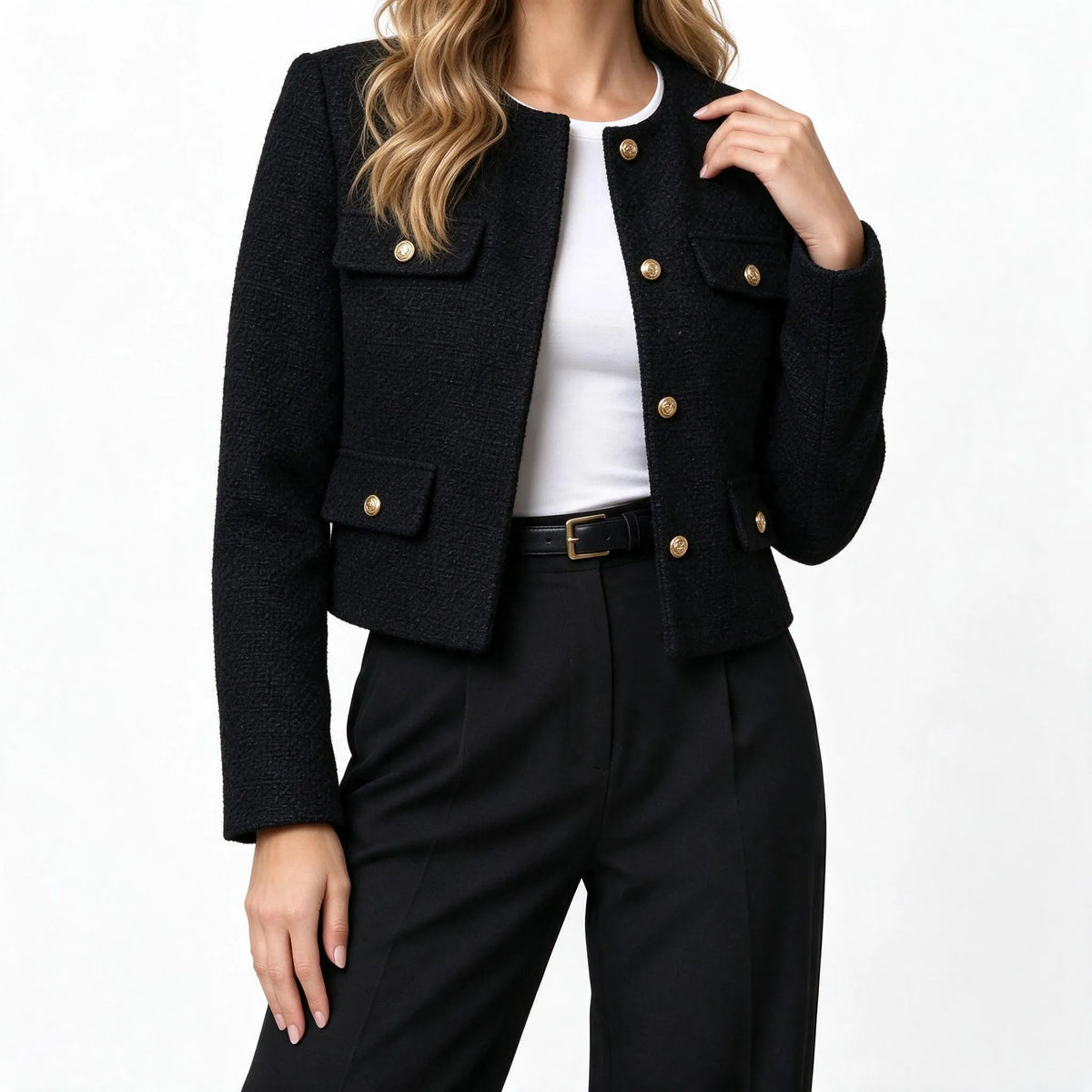 Kestrow - Cropped Collarless Buttoned Blazer Jacket
