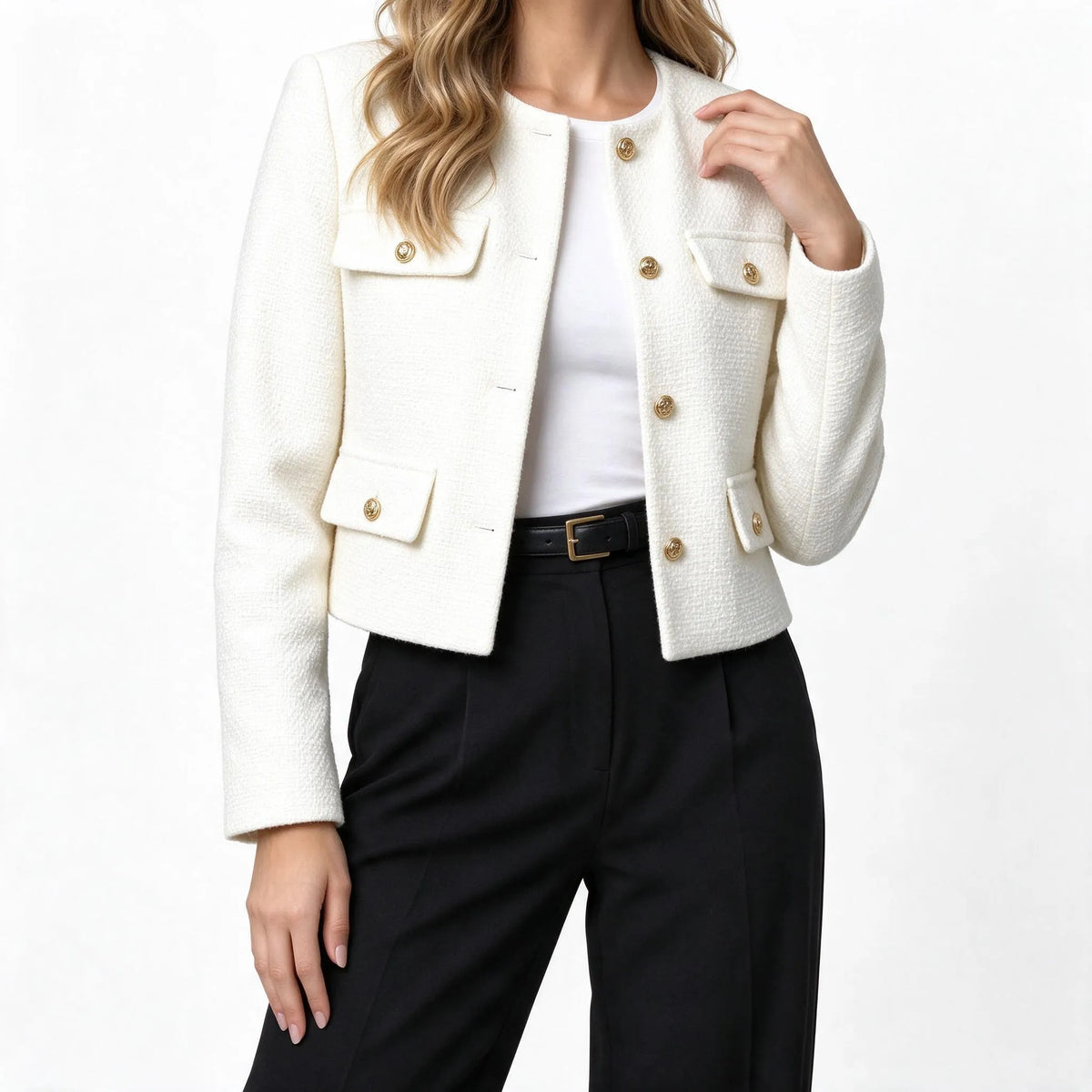Kestrow - Cropped Collarless Buttoned Blazer Jacket