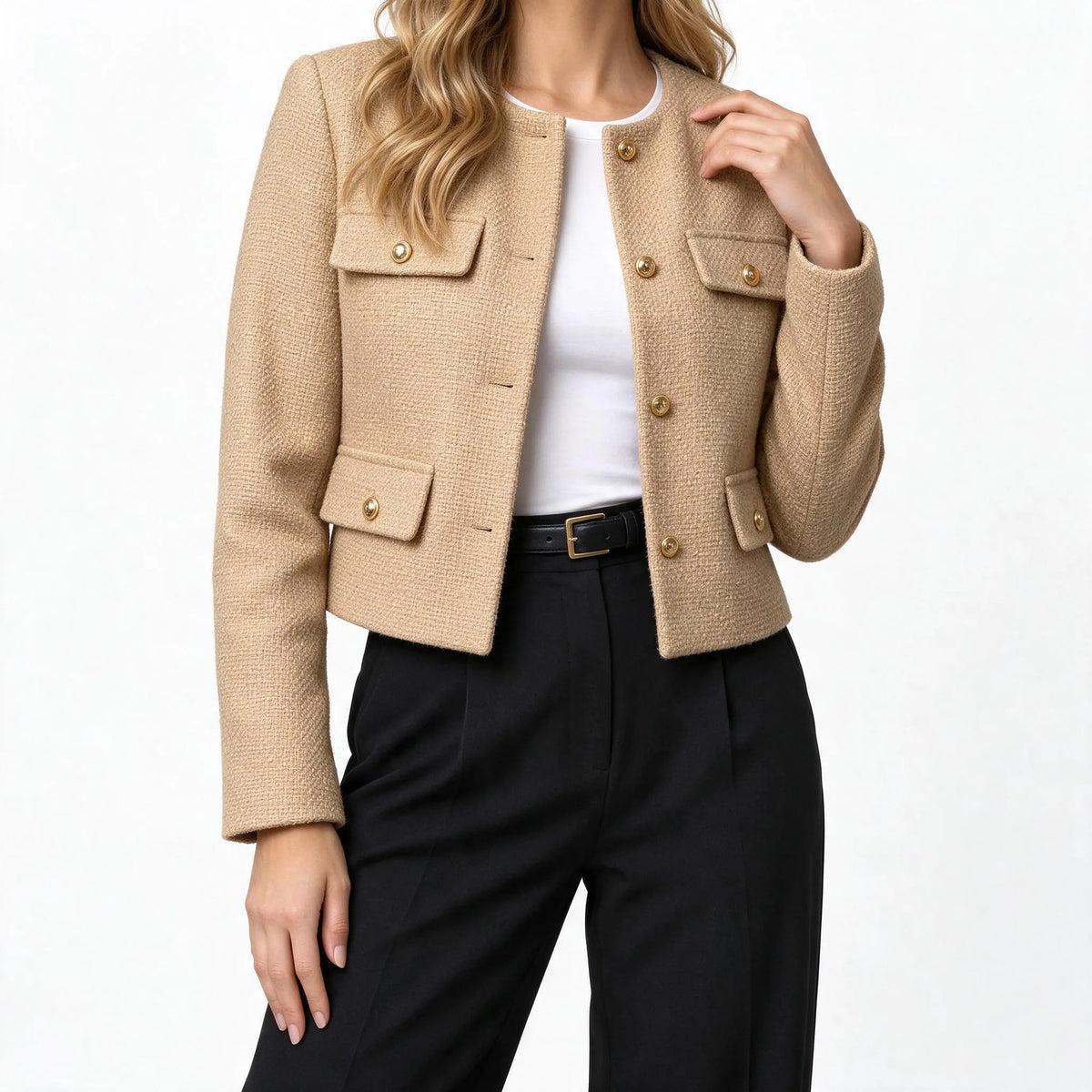 Kestrow - Cropped Collarless Buttoned Blazer Jacket