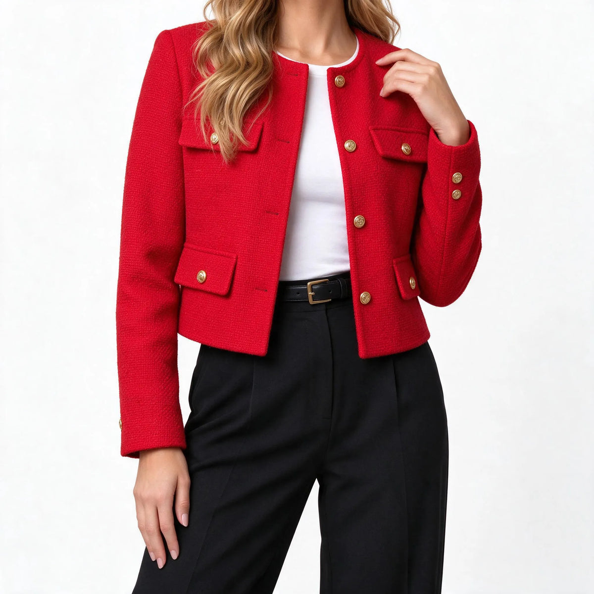 Kestrow - Cropped Collarless Buttoned Blazer Jacket