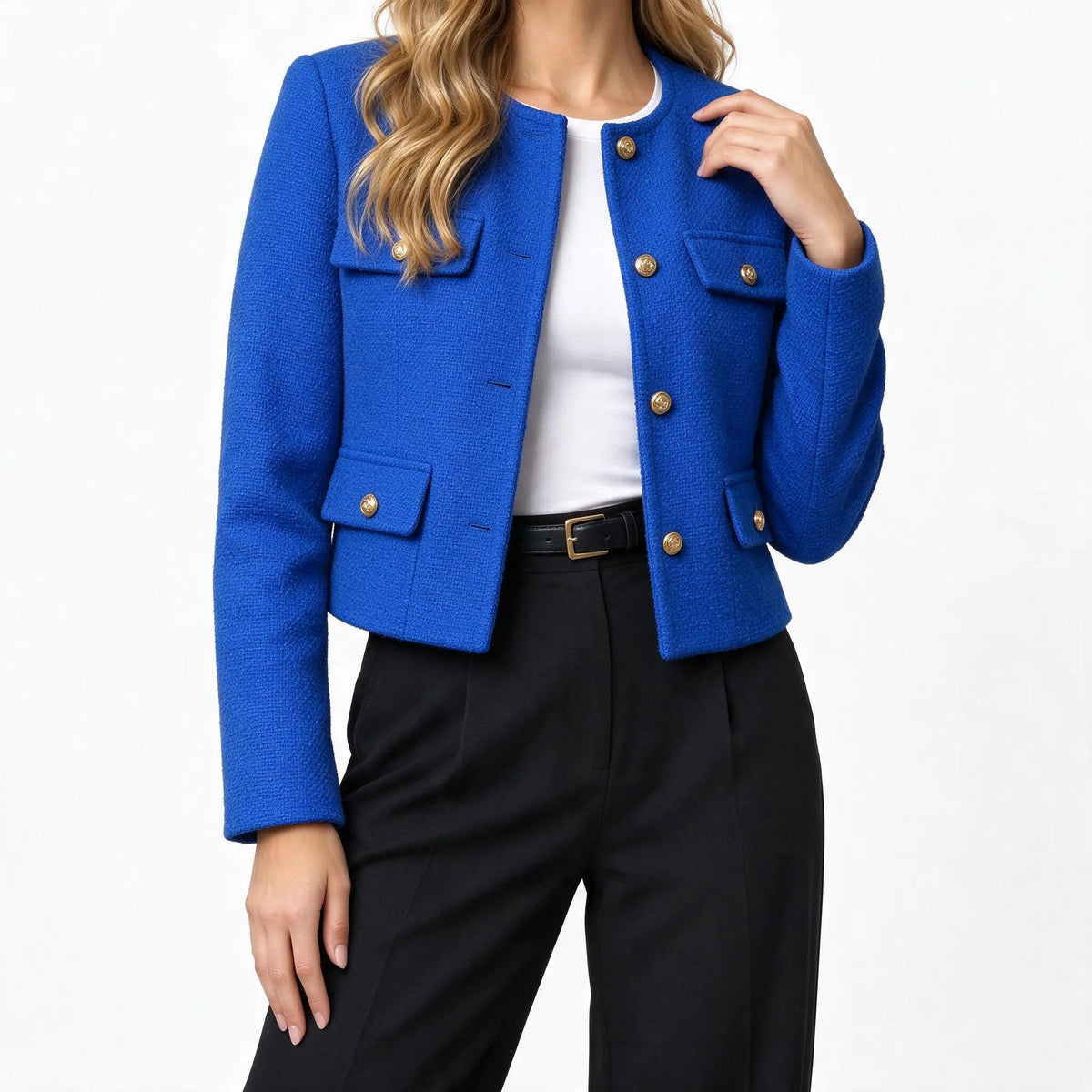 Kestrow - Cropped Collarless Buttoned Blazer Jacket