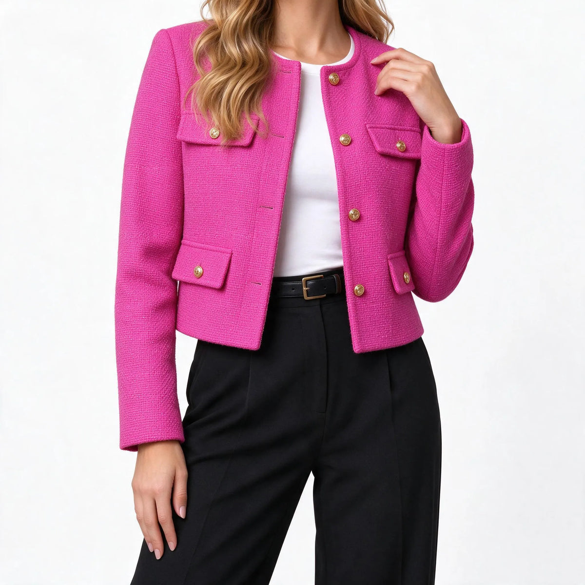 Kestrow - Cropped Collarless Buttoned Blazer Jacket