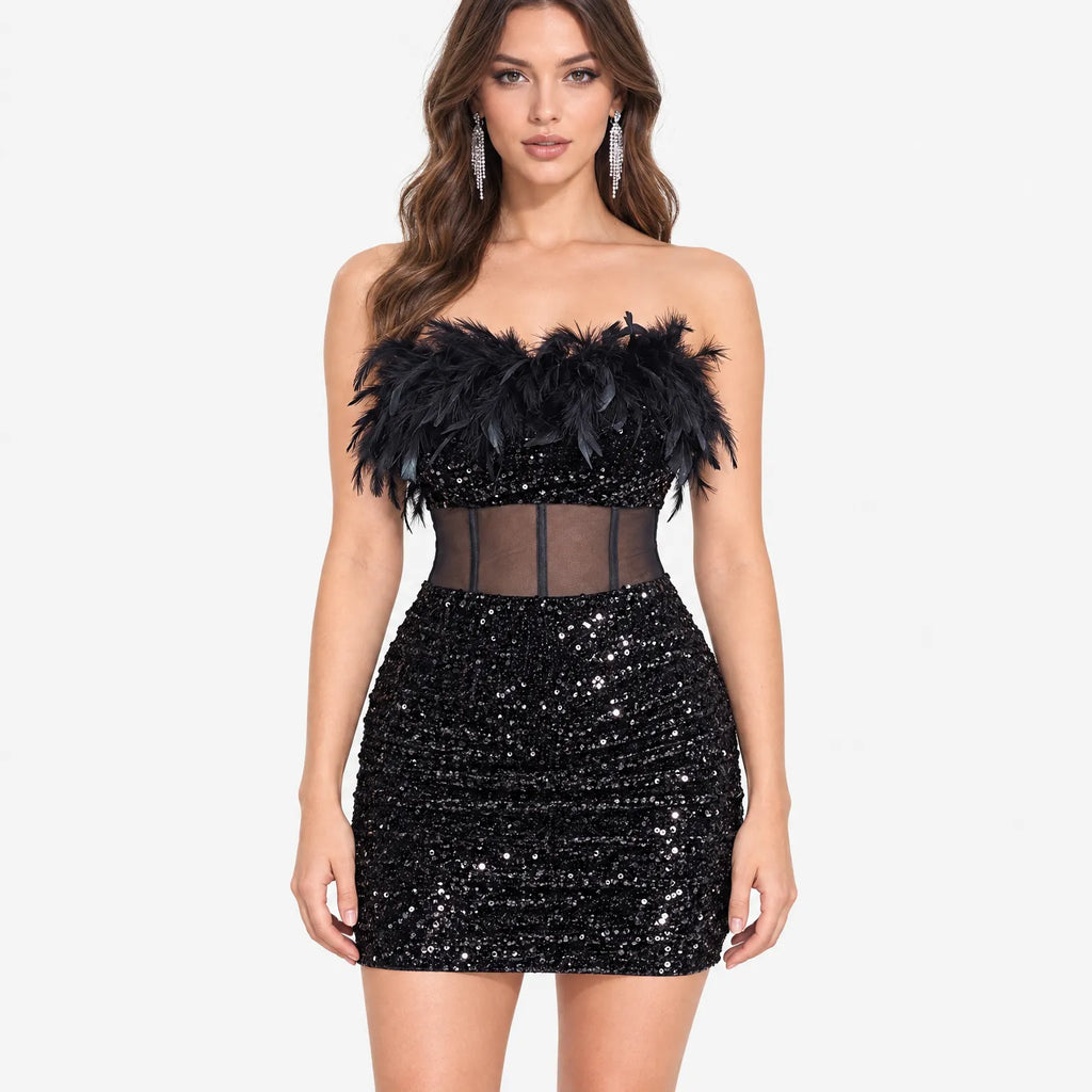 Lumexi - Strapless Sheer Panel Party Dress
