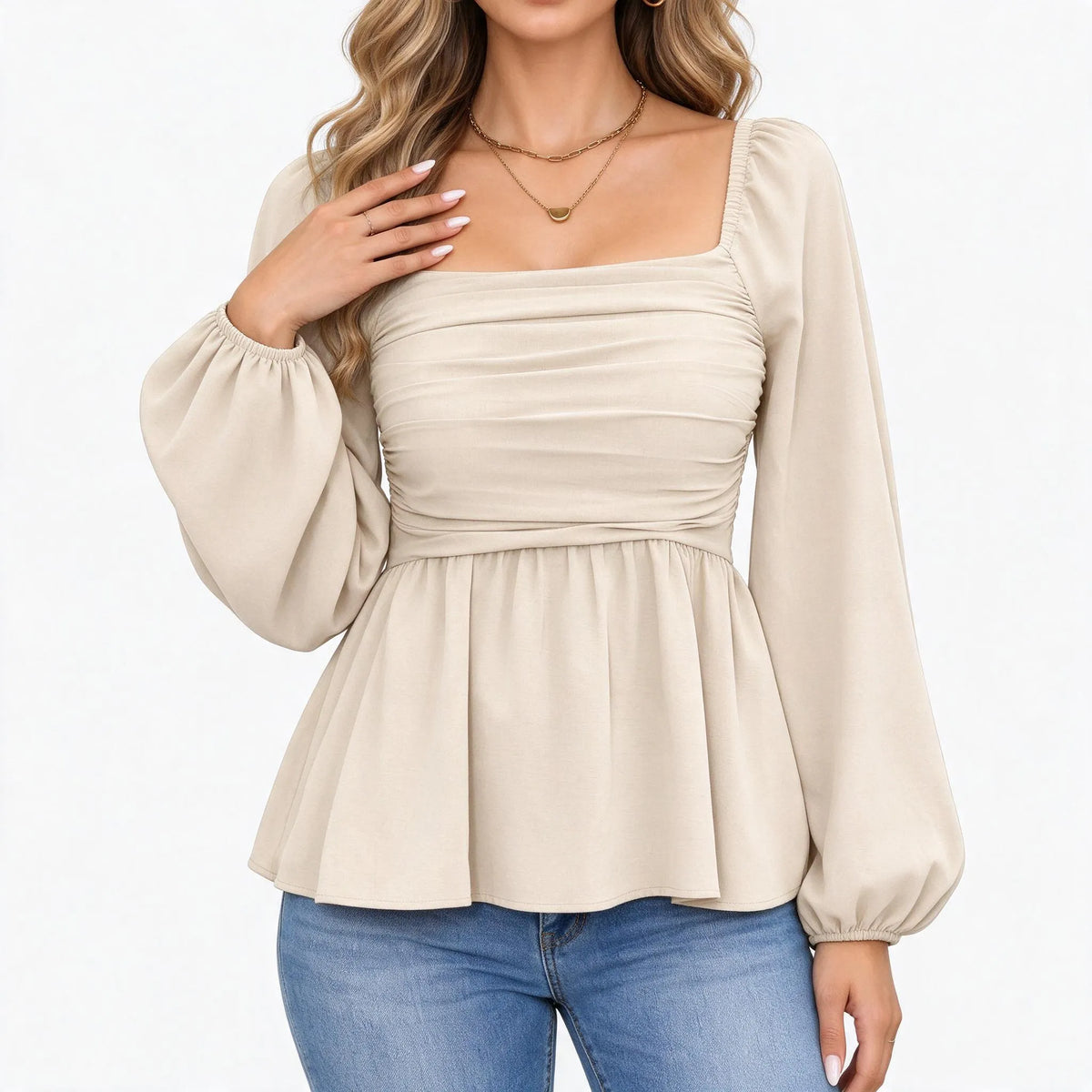 Lyrothe - Square Neck Bishop Sleeve Peplum Blouse